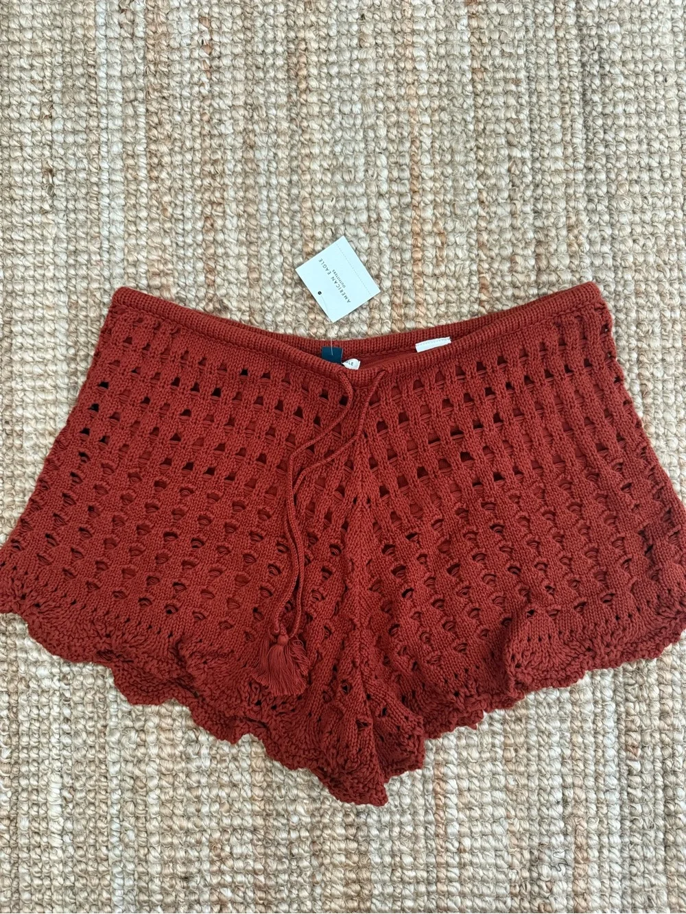 American Eagle Outfitters Crochet Drawstring Shorts in Rust